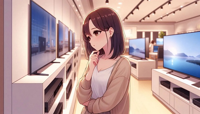 テレビ売り場でテレビ選びに迷っているイメージイラスト